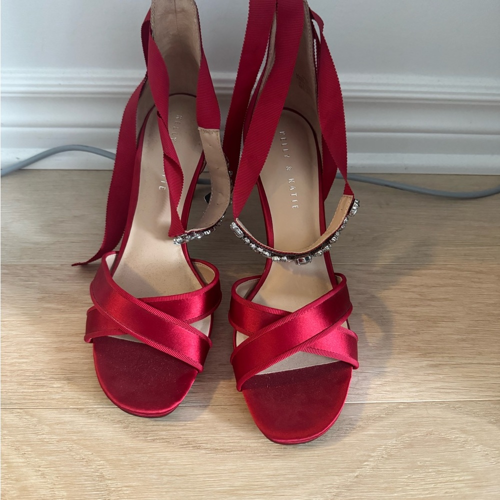 Red Satin Wrap-Strap Heels with Crystal Ankle
